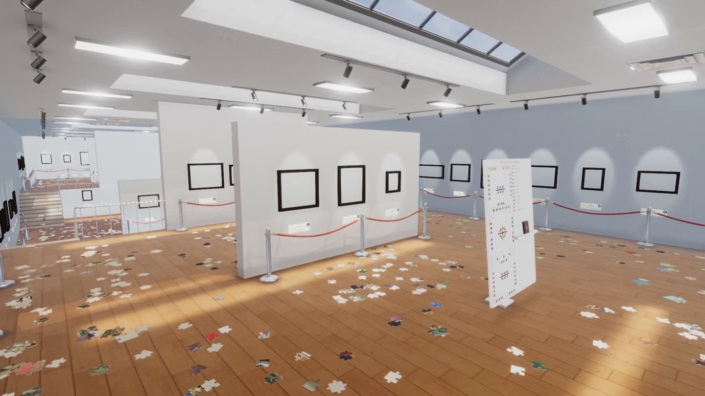 Official Steam screenshot showing a bright multi-room gallery with empty frames and puzzle pieces scattered across wooden floors.