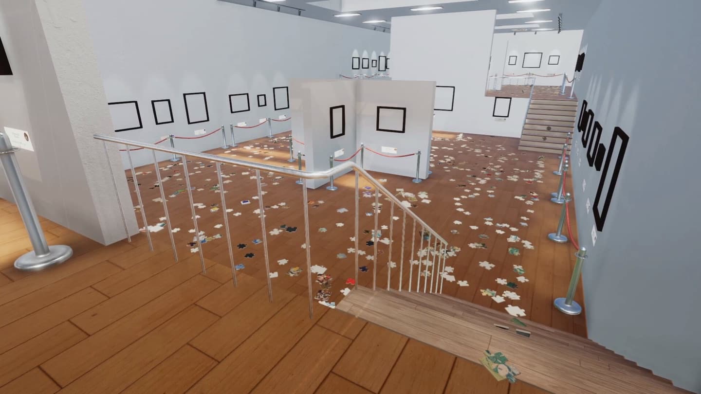 Official Steam screenshot looking down stairs into a gallery with empty frames and loose puzzle pieces.